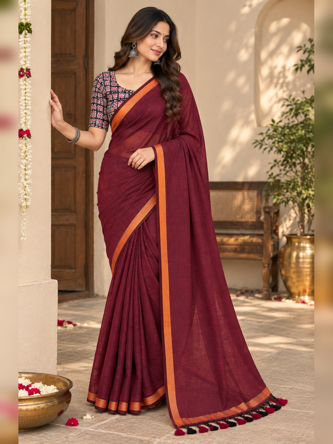 Tradition Maroon Handloom Cotton Saree