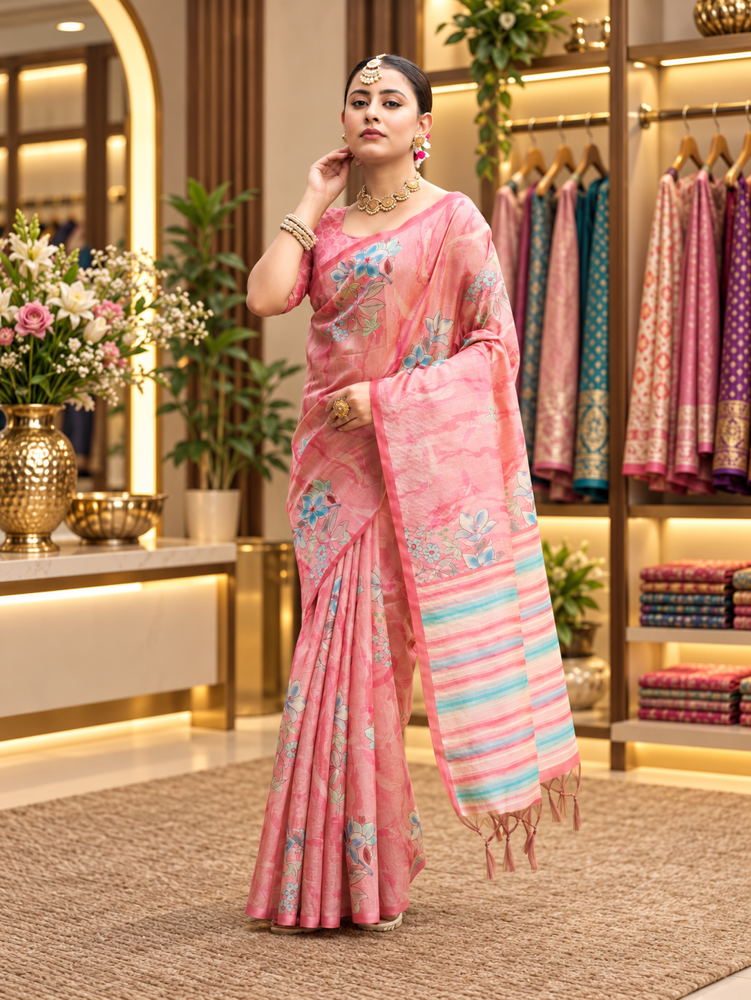 Attractive Pastel Pink Soft Tussar Silk Saree with Elegant Floral Print Work