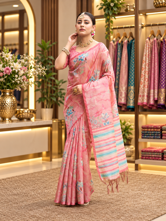 Attractive Pastel Pink Soft Tussar Silk Saree with Elegant Floral Print Work