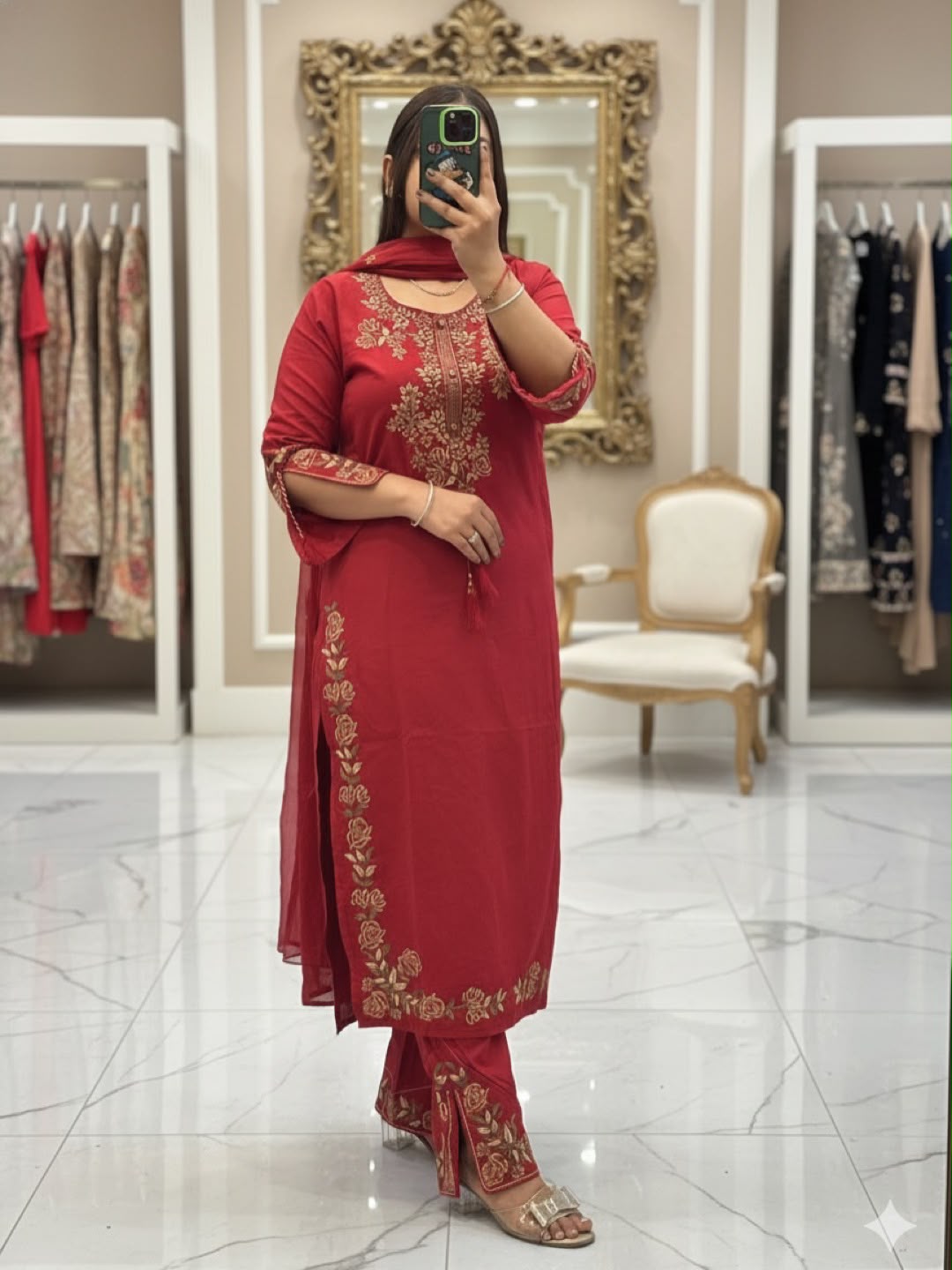 Elegant Red Embroidered Roman Silk Suit Set with Dupatta