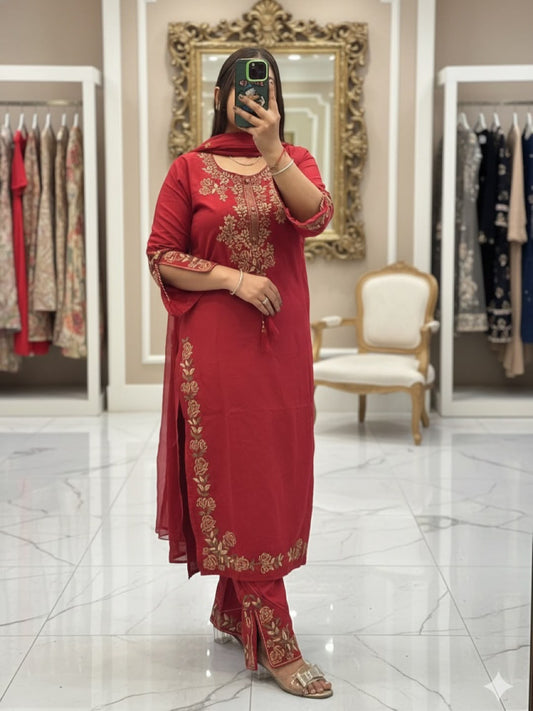 Elegant Red Embroidered Roman Silk Suit Set with Dupatta