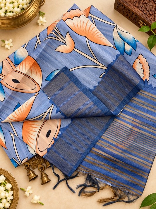 Trendy Slate Blue Soft Tussar Silk Saree With Modern Floral Print