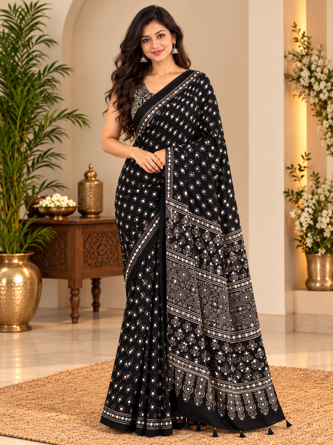 Attractive Black Pure Gajji Silk Ajrakh Saree with Handcrafted Mirror