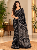 Attractive Black Pure Gajji Silk Ajrakh Saree with Handcrafted Mirror