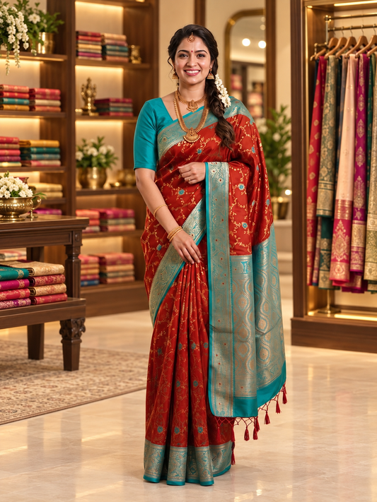Anvika Royal Rust Red Paithani Silk Saree with Turquoise Zari Weaving