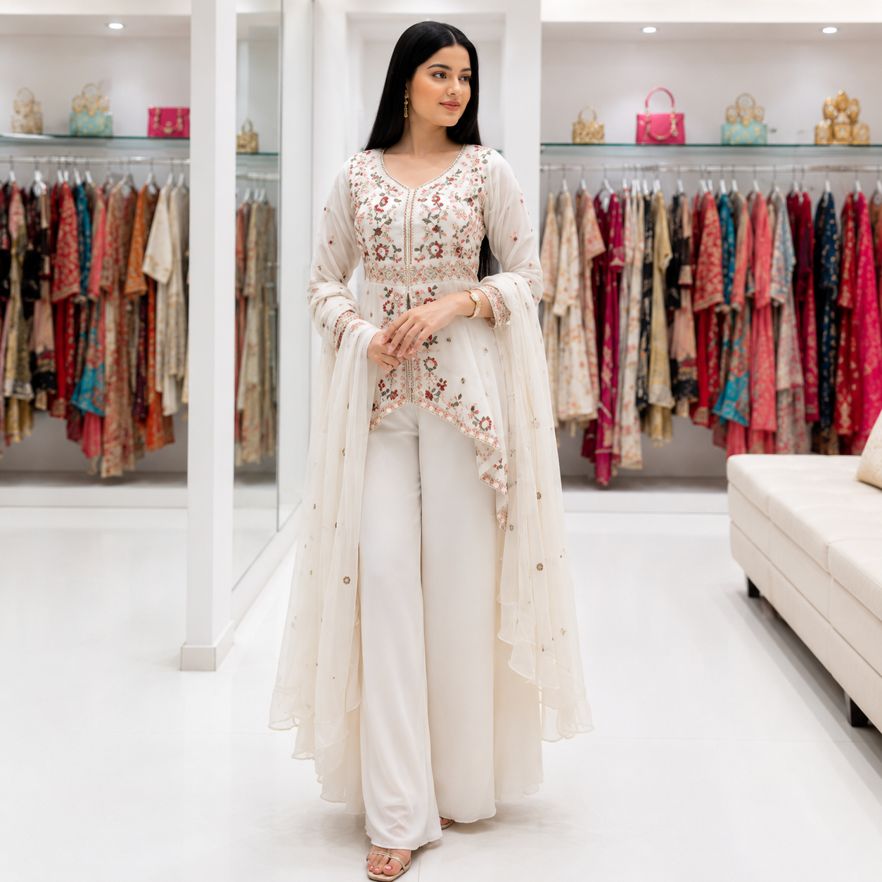 New Designer White Rangoli Silk Embroidered Suit Set