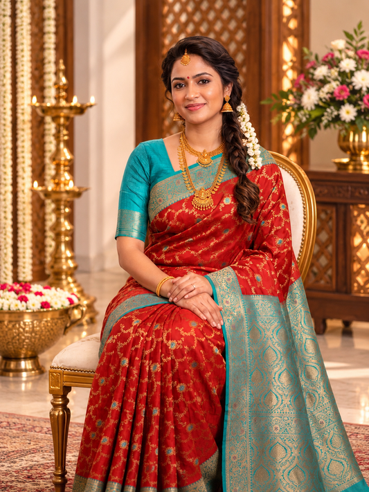 Anvika Royal Rust Red Paithani Silk Saree with Turquoise Zari Weaving