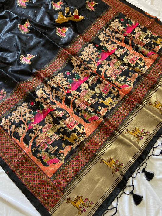 Beautiful Jet Black Premium Woven Zari Soft Pashmina Silk Saree