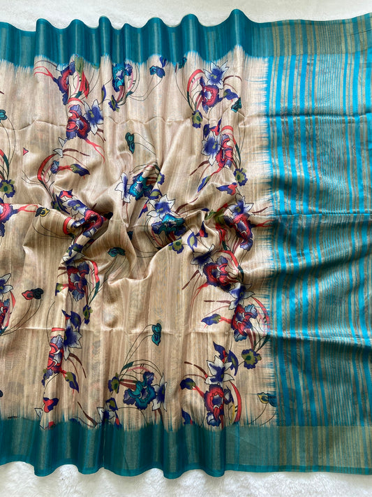 Aveline Azure Bloom Floral Printed Soft Tussar Silk Saree