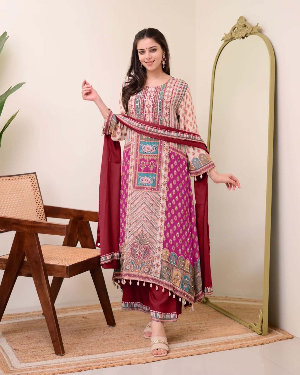 Premium Violet Patchwork Printed Chinon Suit Set with Fancy Mirror Work