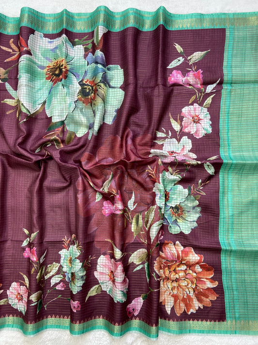 Kavyanjali Wine-Mint Floral Print Soft Tussar Silk Saree