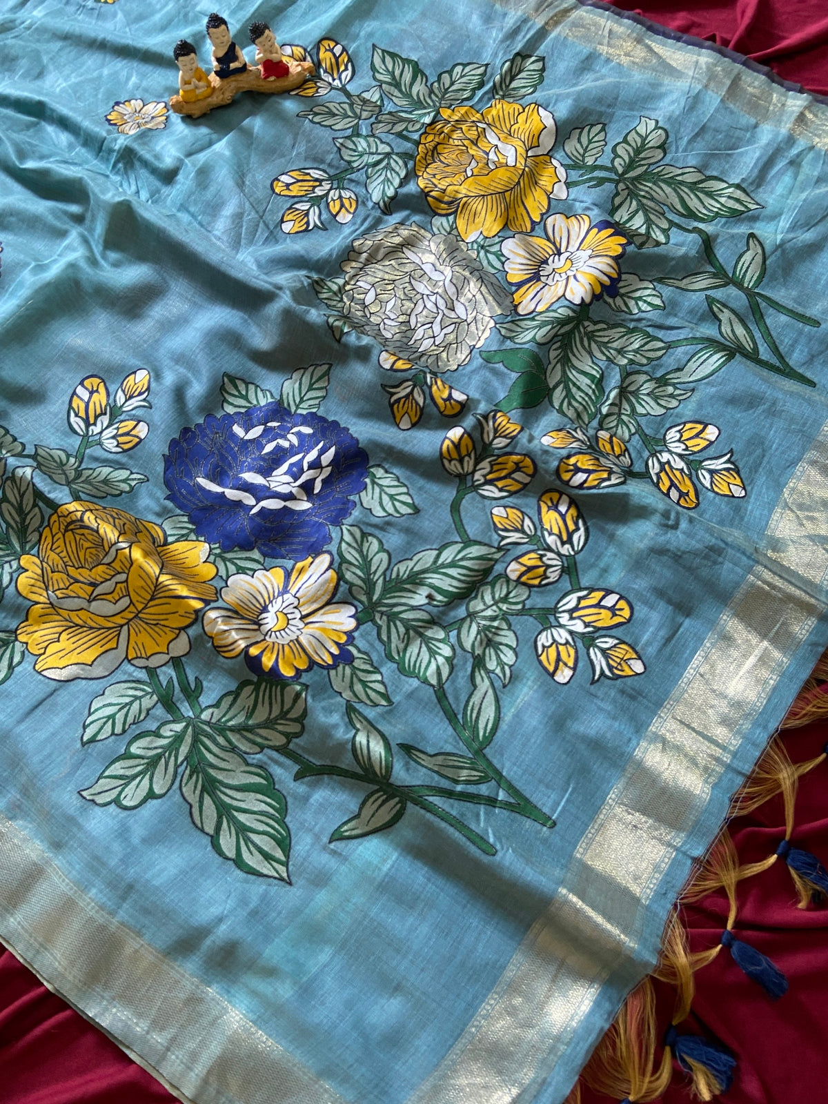 Trendy Slate Blue Soft Muga Cotton Resham Weaving Saree