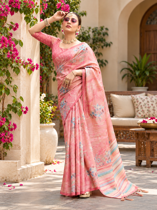 Attractive Pastel Pink Soft Tussar Silk Saree with Elegant Floral Print Work