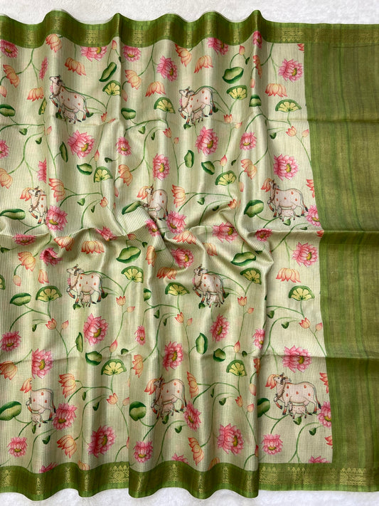 Avni - Pistachio Green Pichwai Print Soft Tussar Silk Saree