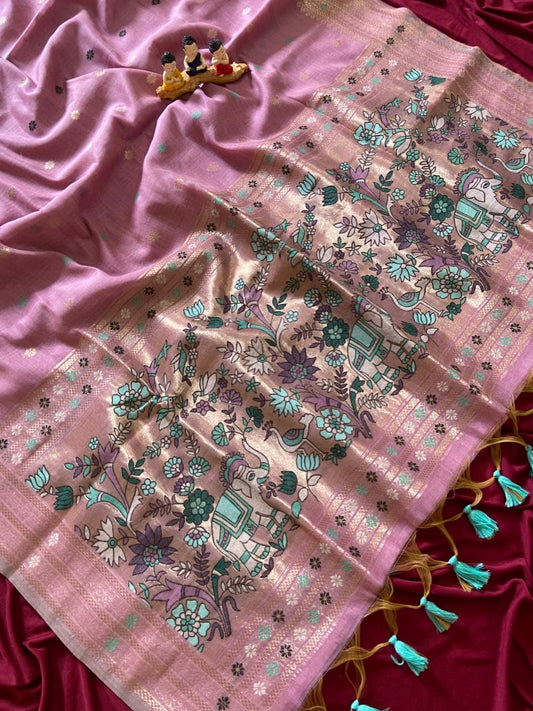 Dharma - Pink Soft Muga Cotton Paithani Saree with 3D Woven Elephant Pallu