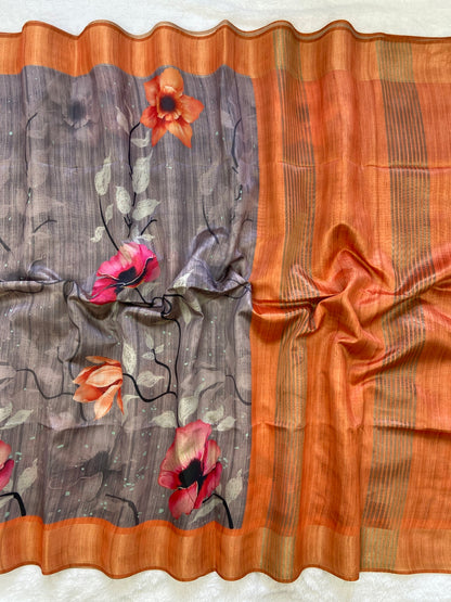 Chhaya Slate-Orange Floral Print Soft Tussar Silk Saree