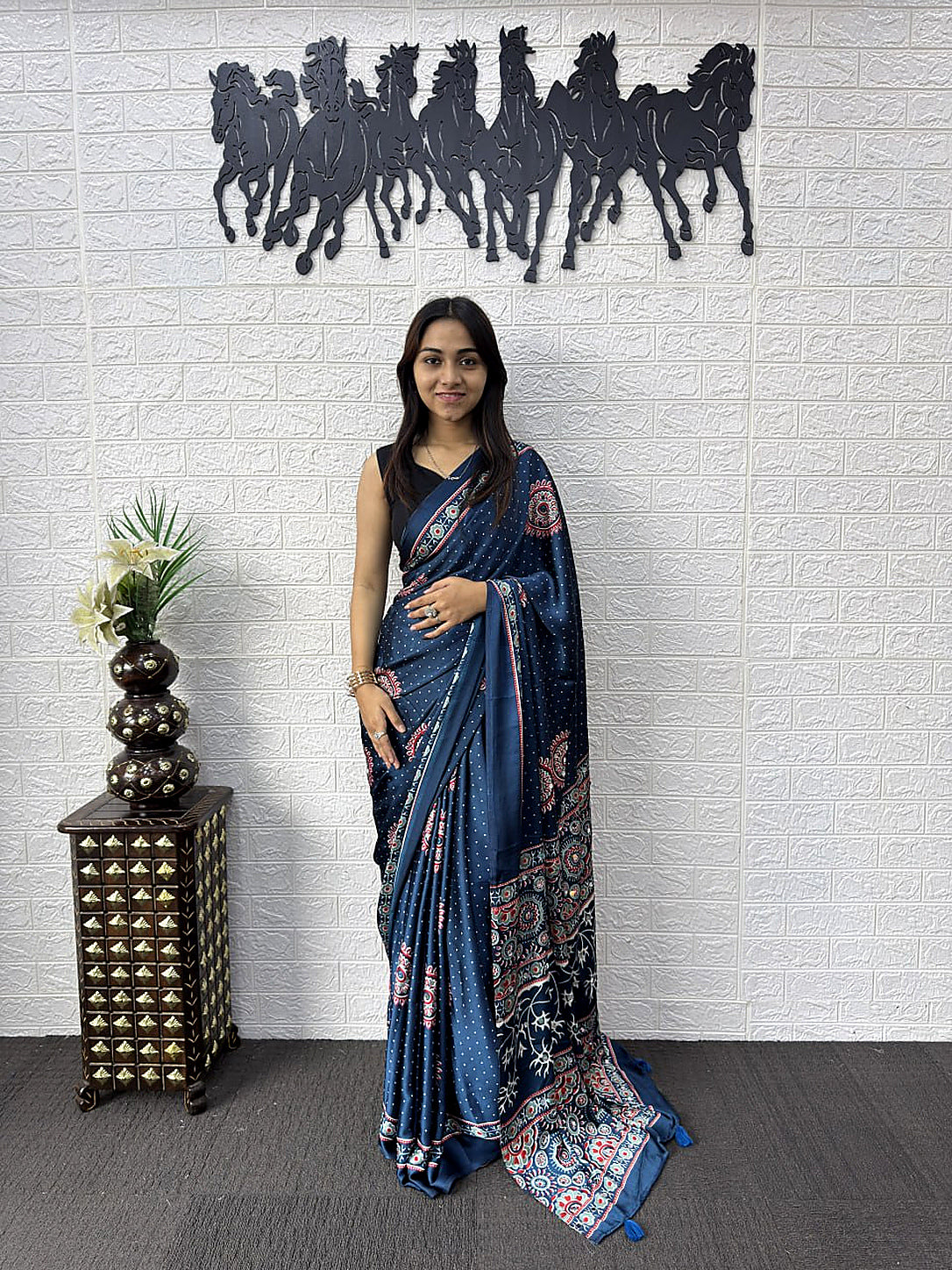 Very Attractive Royal Blue Ajrakh Printed Japan Silk Saree