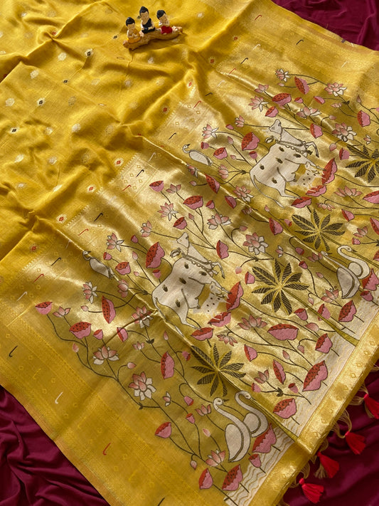 Kashvi Mustard Yellow 3D Woven Soft Muga Cotton Paithani Saree