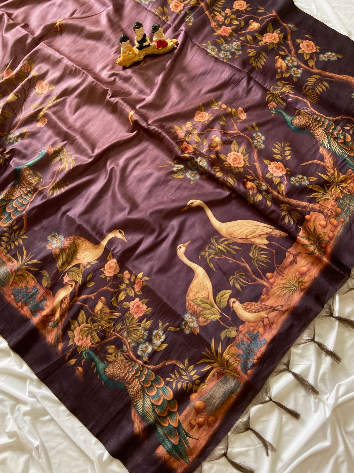 Festive Dark Wine Crane Print Soft Tussar Silk Saree