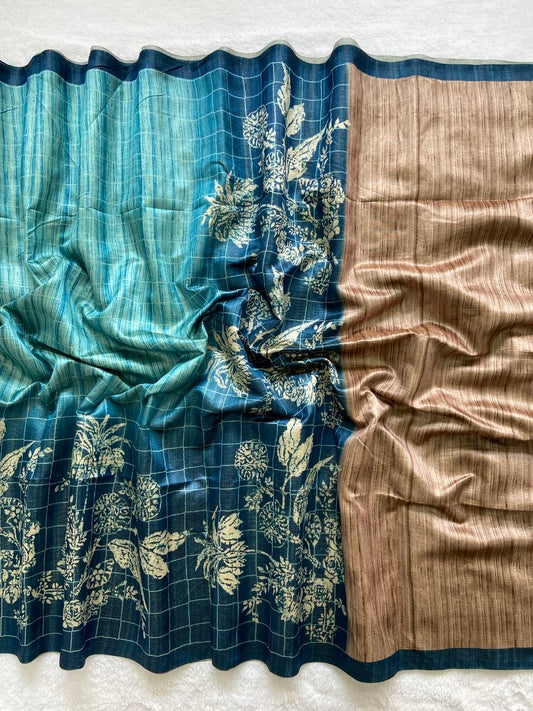 Aaira - Ocean Blue Digital Printed Soft Tussar Silk Saree