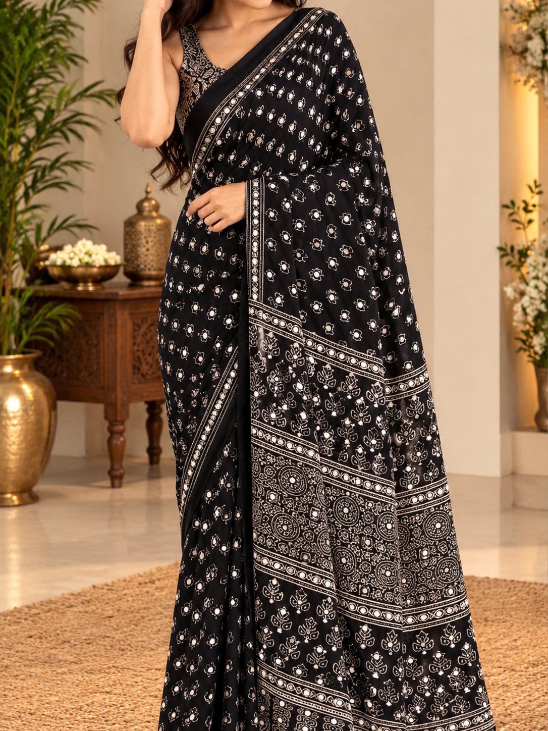Attractive Black Pure Gajji Silk Ajrakh Saree with Handcrafted Mirror