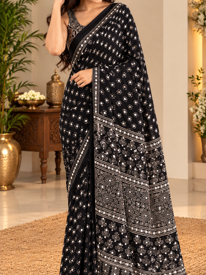 Attractive Black Pure Gajji Silk Ajrakh Saree with Handcrafted Mirror