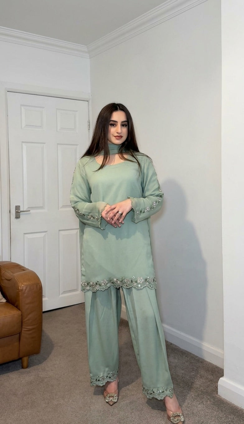 Attractive Mint Green Faux Georgette Embroidered Suit Set with Dupatta