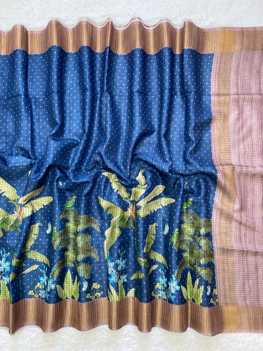 Avelina Royal Blue Botanical Print Tussar Silk Saree