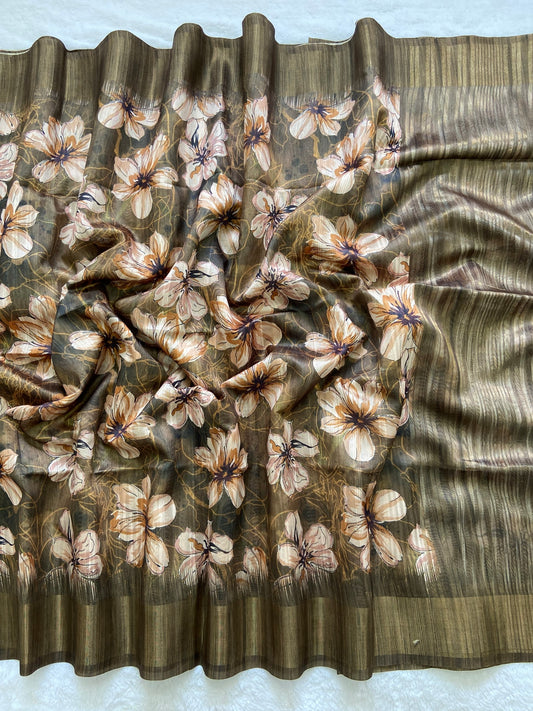 Beautiful Coffee Brown Floral Prints Soft Tussar Silk Saree with Tassel Pallu