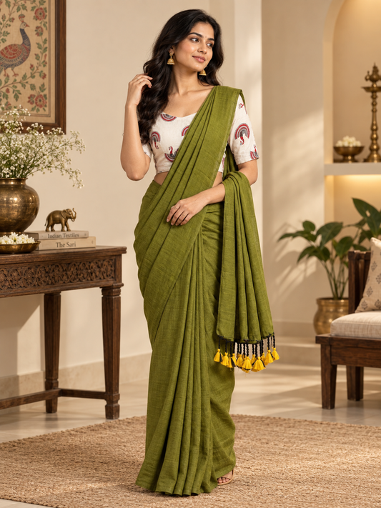 Artisanal Green Handloom Saree with Stiched Blouse
