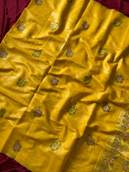 Kashvi - Mustard Yellow Soft Muga Cotton Paithani Saree