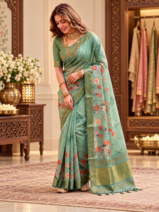 Avyanna Sea Green Floral Print Soft Tissue Silk Saree with Antique Gold Zari Border