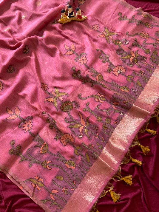Aadhira - Rose Pink Resham Woven Soft Muga Cotton Saree