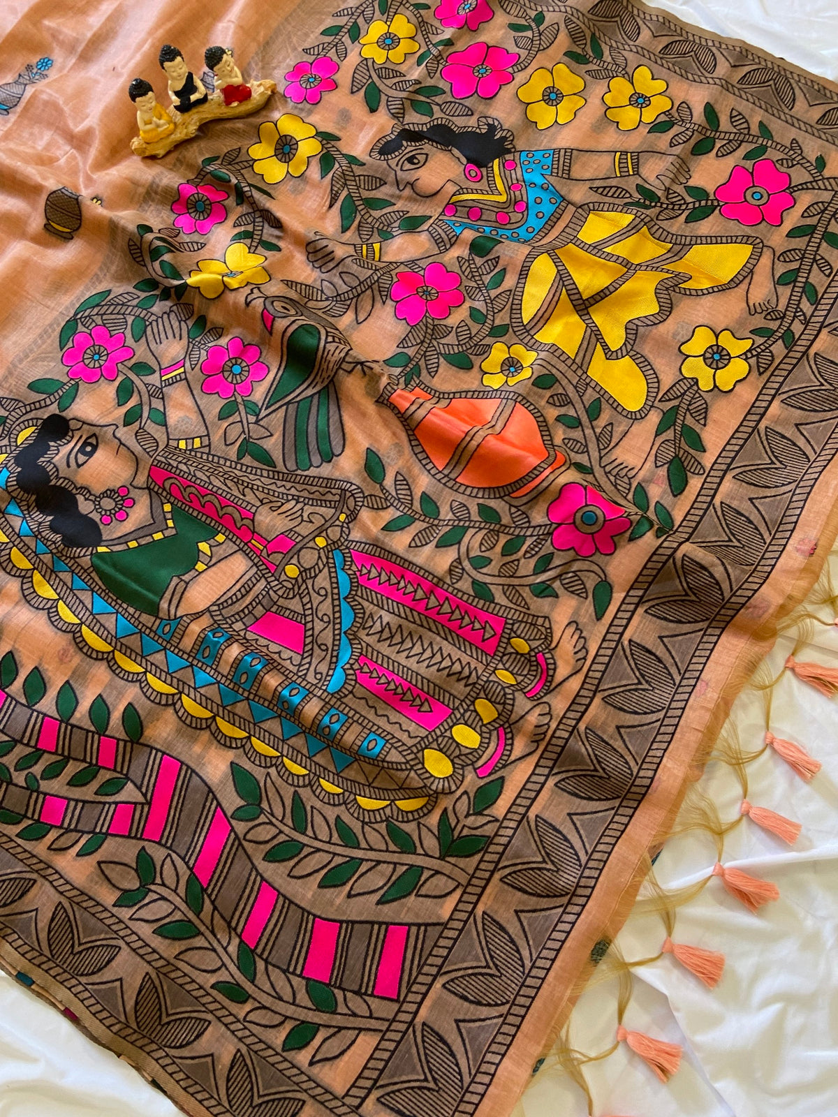 Traditional Madhubani Peach Coral Soft Muga Cotton Resham Weaving Saree