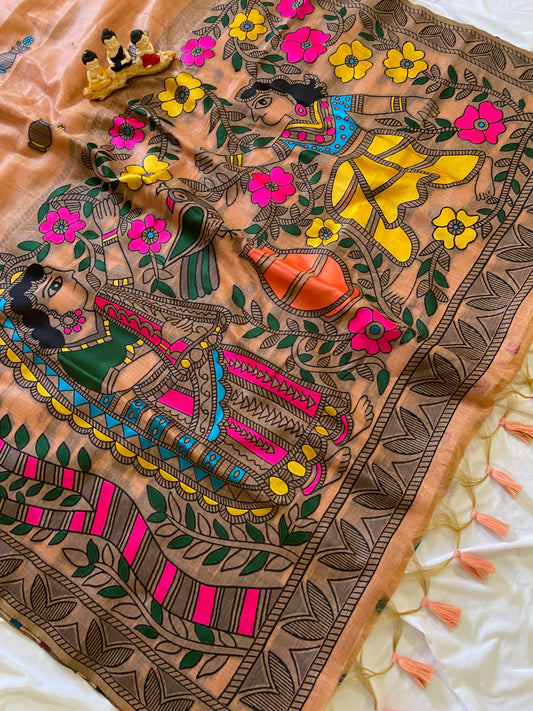 Traditional Madhubani Peach Coral Soft Muga Cotton Resham Weaving Saree