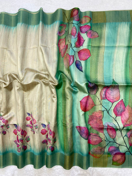 Elegant Pastel Mint Floral Soft Tussar Silk Saree