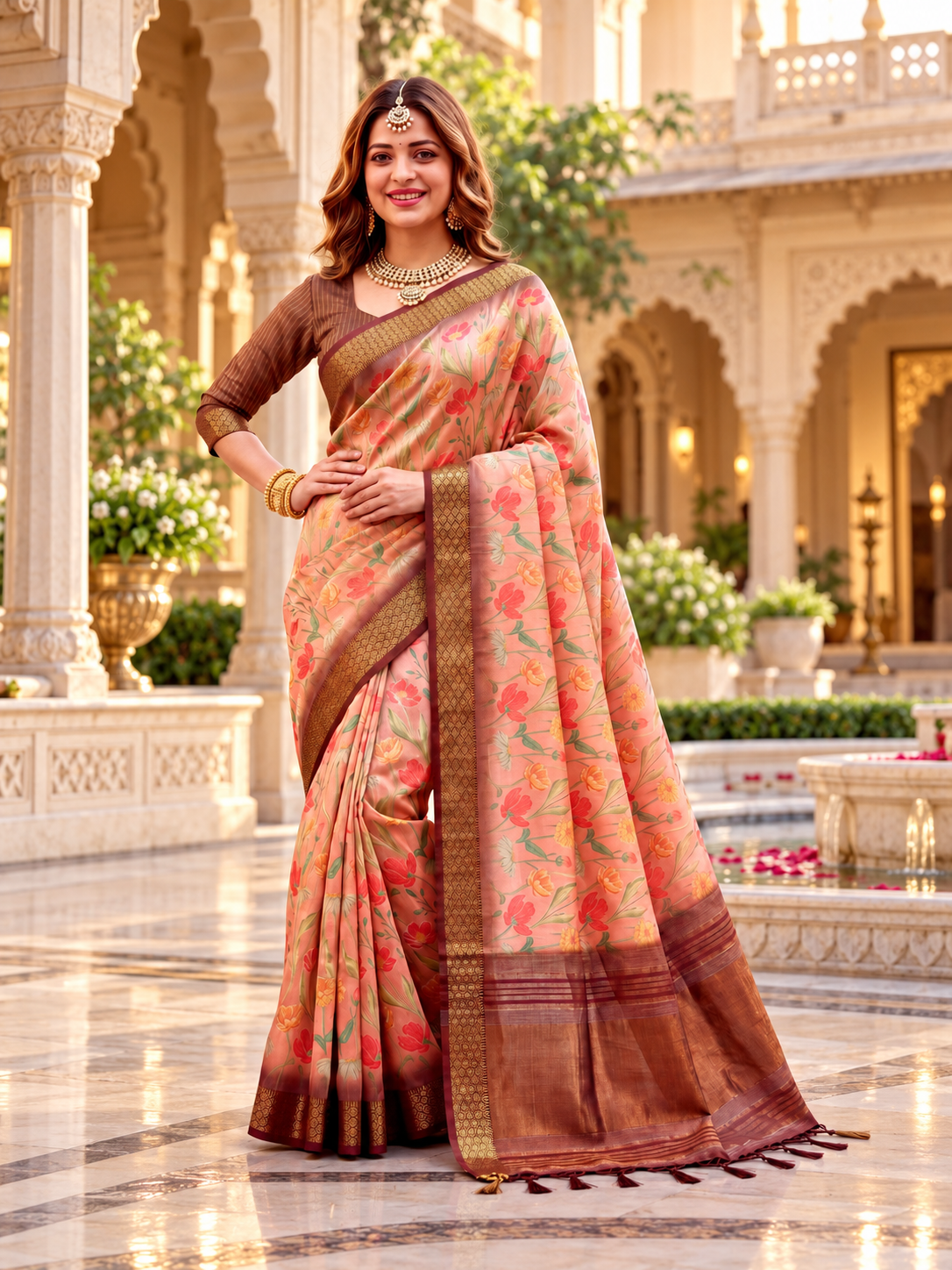 Elegant Blush Peach Floral Printed Soft Tissue Silk Saree
