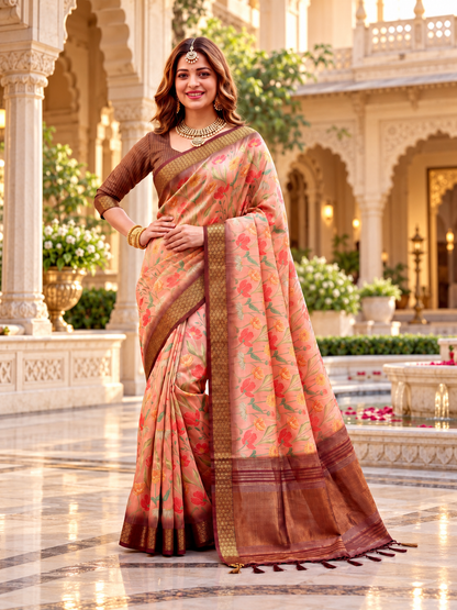 Elegant Blush Peach Floral Printed Soft Tissue Silk Saree