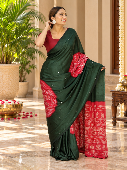 Beautiful Green & Red Pure Gajji Silk Saree with Real Mirror Work