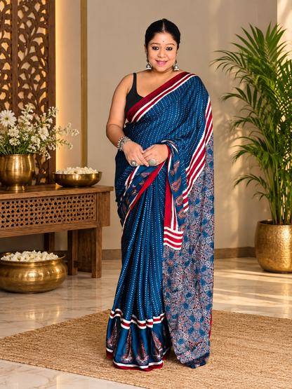 Classy Indigo Blue Hand Block Printed Modal Silk Saree