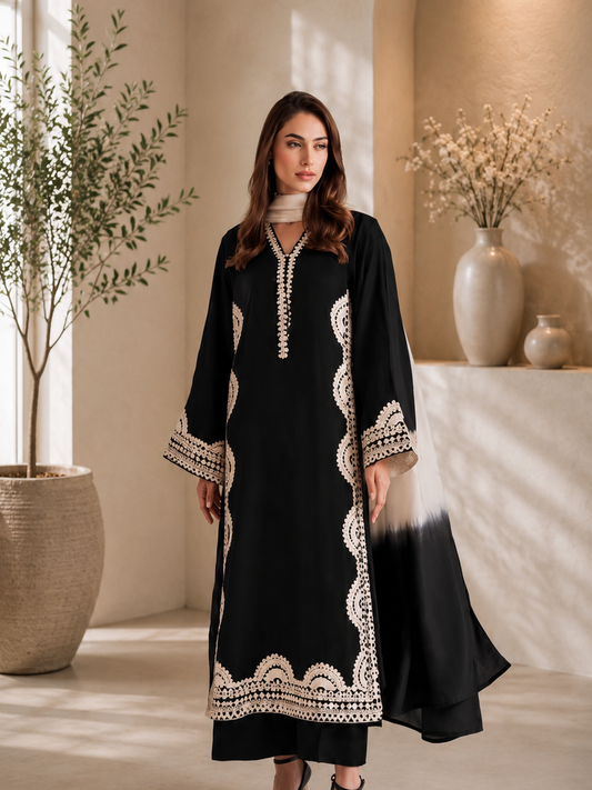 Elegant Midnight Black Biscuit Slub Threadwork Kurta Set With Dupatta