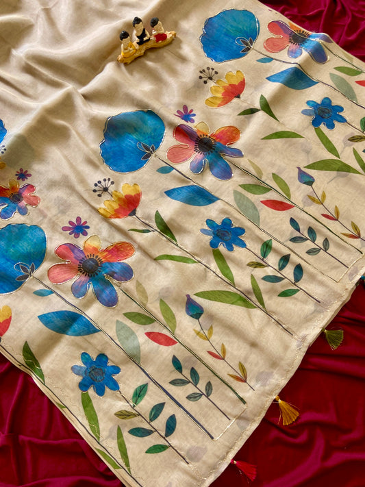 Premium Beige Multicolored Floral Handcrafted Aari Work Tissue Silk Saree