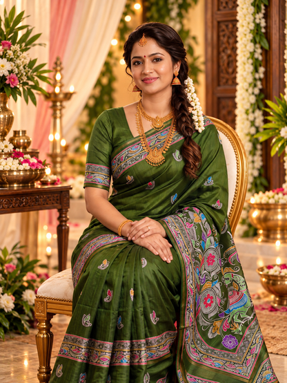 Festive Olive Green Handloom Soft Tussar Silk Saree with Elegant Pallu