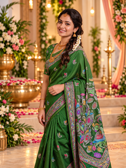 Festive Olive Green Handloom Soft Tussar Silk Saree with Elegant Pallu