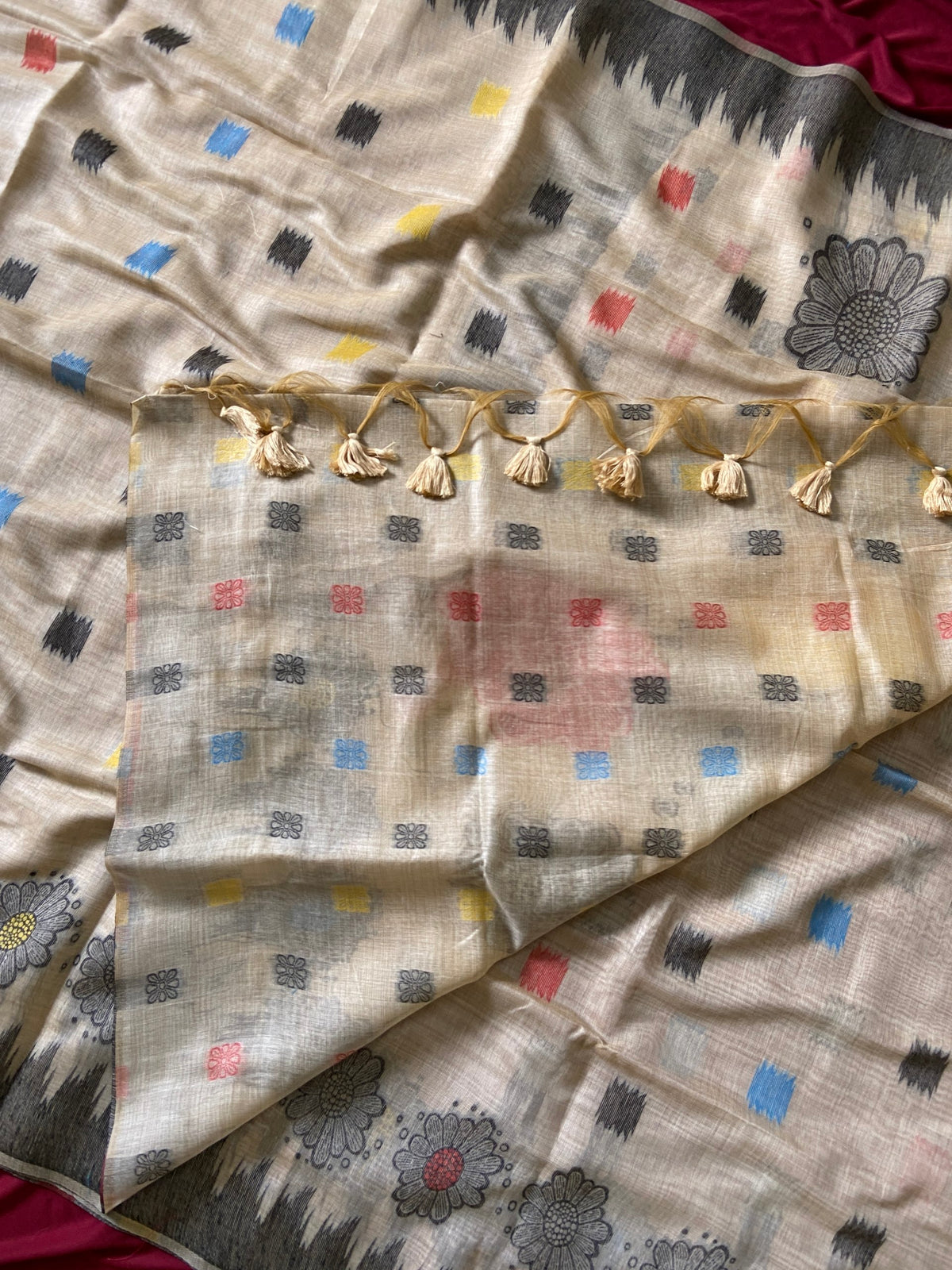 Elegant Natural Beige Floral Woven Soft Muga Cotton Saree