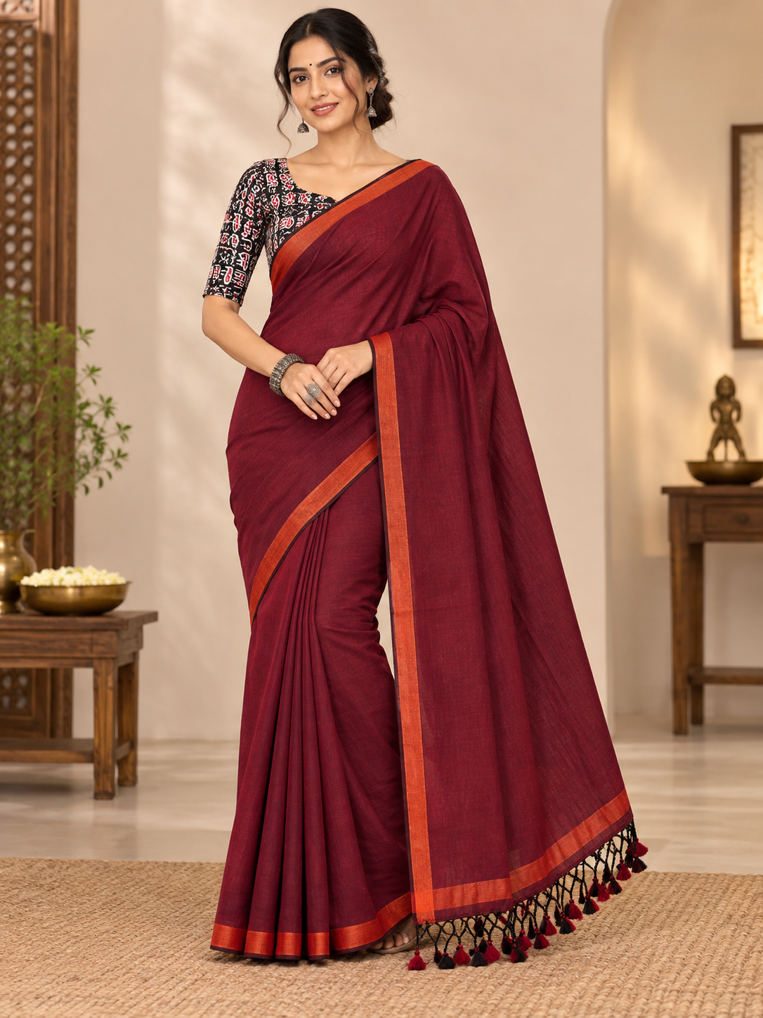 Tradition Maroon Handloom Cotton Saree