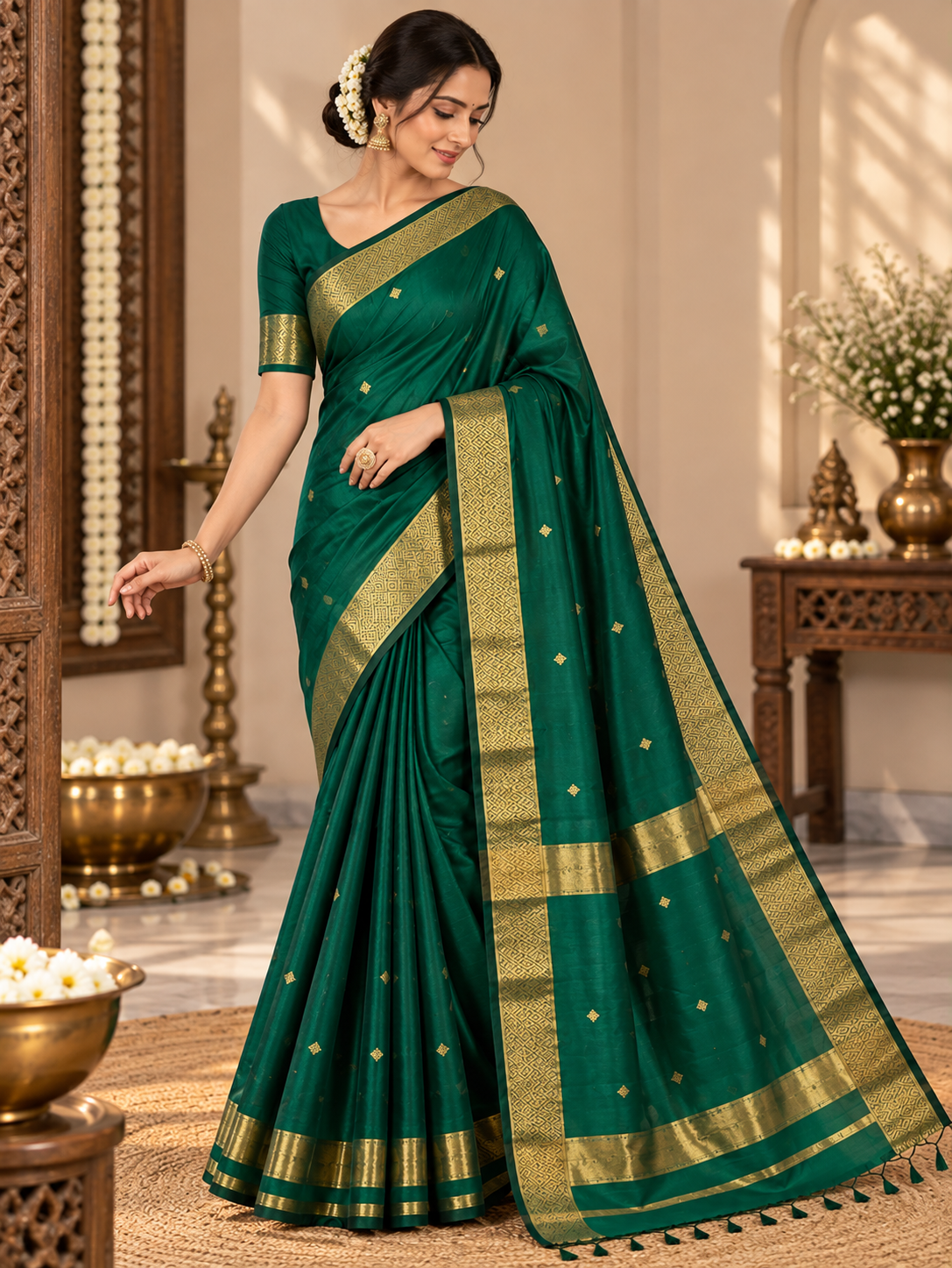 Emerald Green Handloom Maheshwari Cotton Silk Saree