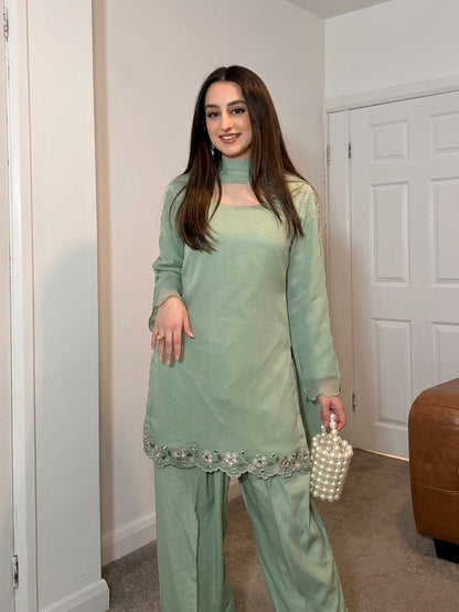 Attractive Mint Green Faux Georgette Embroidered Suit Set with Dupatta