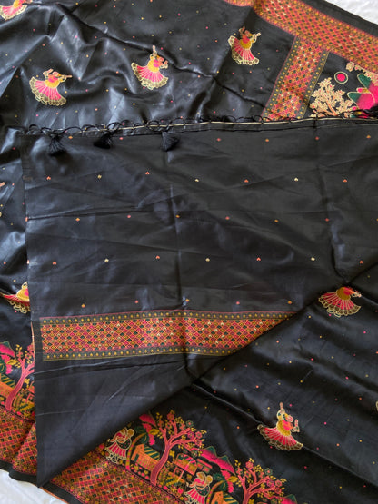 Beautiful Jet Black Premium Woven Zari Soft Pashmina Silk Saree