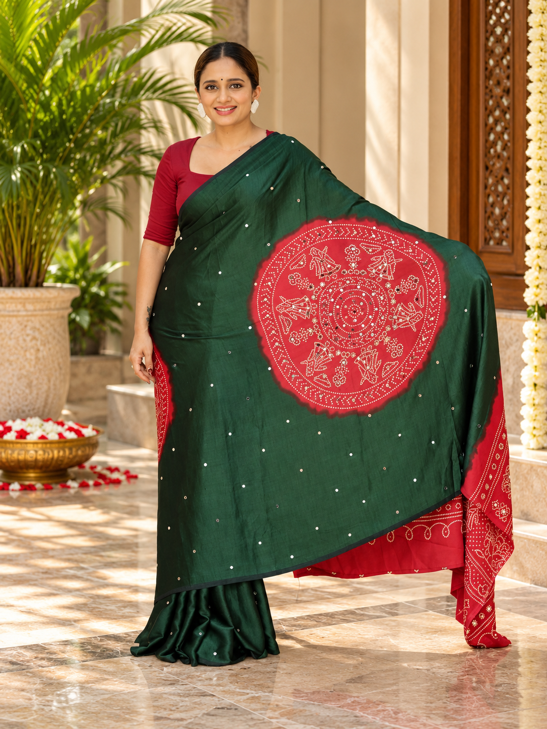 Beautiful Green & Red Pure Gajji Silk Saree with Real Mirror Work
